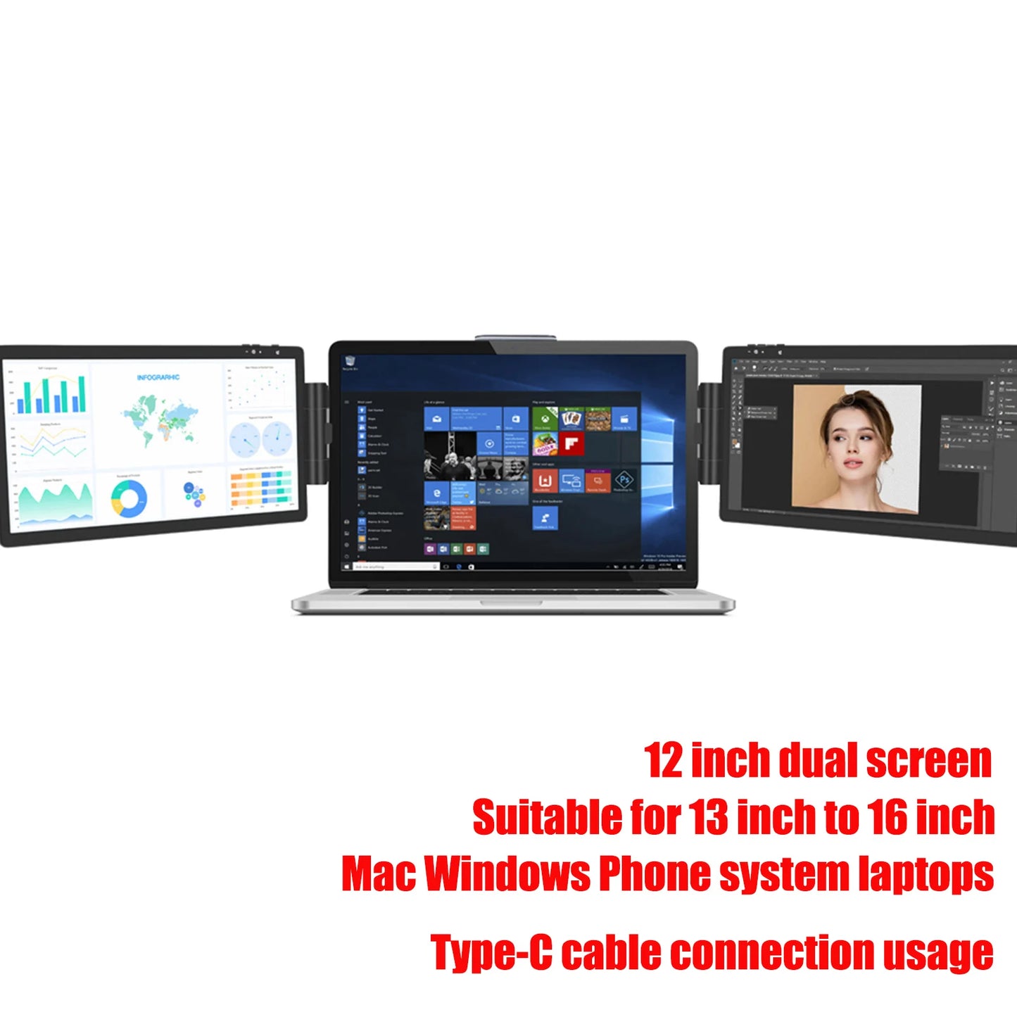 12 Inch Dual Portable Dual Screen Extender for MacBook & Windows Laptops 1920x1080 HD