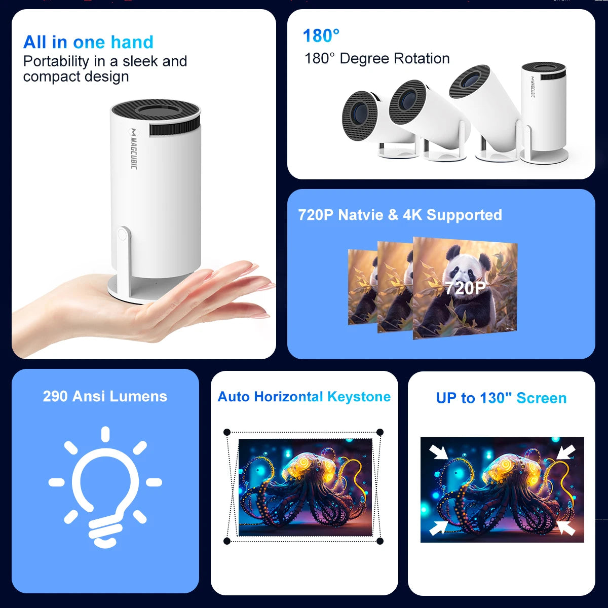 HY300 PRO 4K Projector with Android 11, Dual Wi-Fi 6, 290 ANSI Lumens, Allwinner H713, Bluetooth 5.0, 1080P, and 1280x720P for Home and Outdoor Cinema