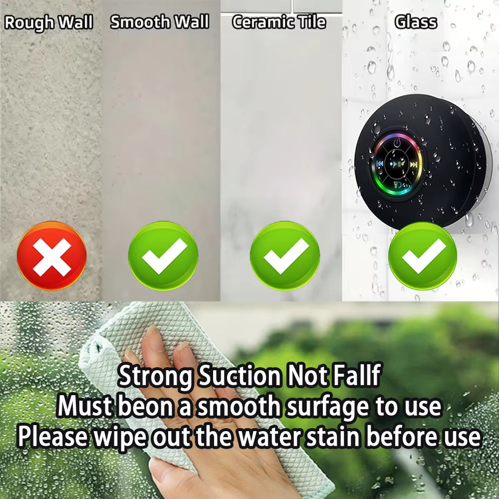 Portable Waterproof Bluetooth Speaker – LED Mini Loudspeaker with Suction Cup and Stereo Sound for Shower and Outdoor Use