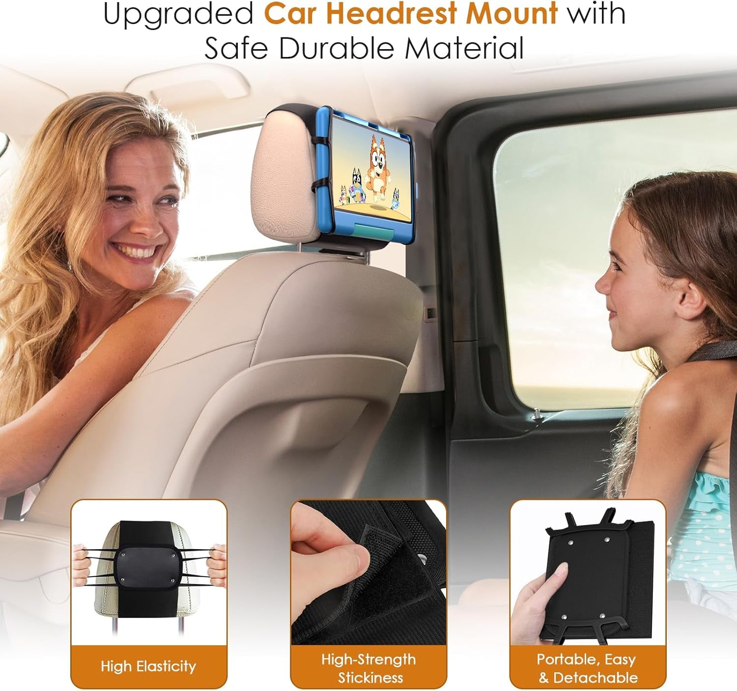 Car Headrest Mount with Adjustable Angle & Safe Silicone Holder 