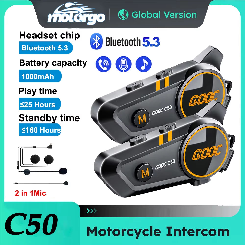 Bluetooth 5.3 Motorcycle Helmet Intercom Headset - Waterproof 300M Communication Speaker Earphone