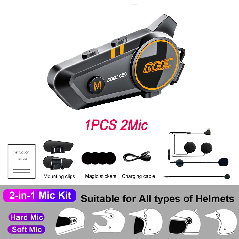 Bluetooth 5.3 Motorcycle Helmet Intercom Headset - Waterproof 300M Communication Speaker Earphone