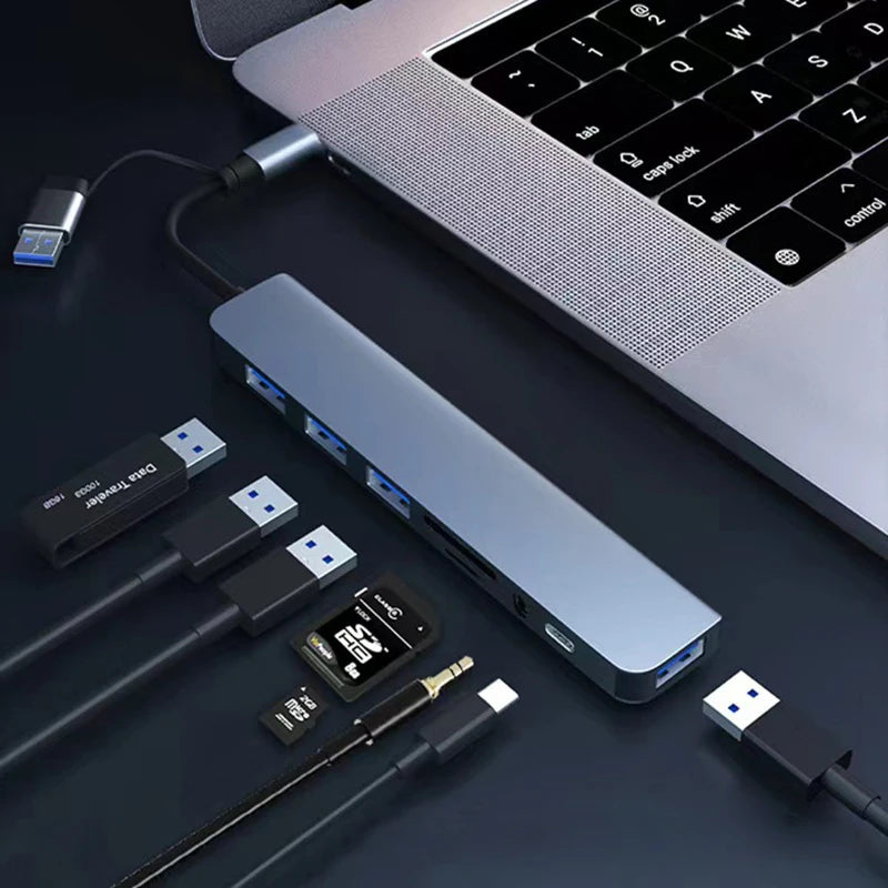 8 in 2 USB +Type C HUB Docking Station with 3.5Mm Audio Jack Adapter Micro SD Card Reader Laptop Tablet Phone Disk Converter