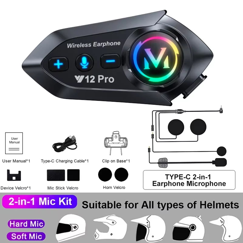 Bluetooth 5.3 Motorcycle Helmet Intercom Headset - Waterproof 300M Communication Speaker Earphone