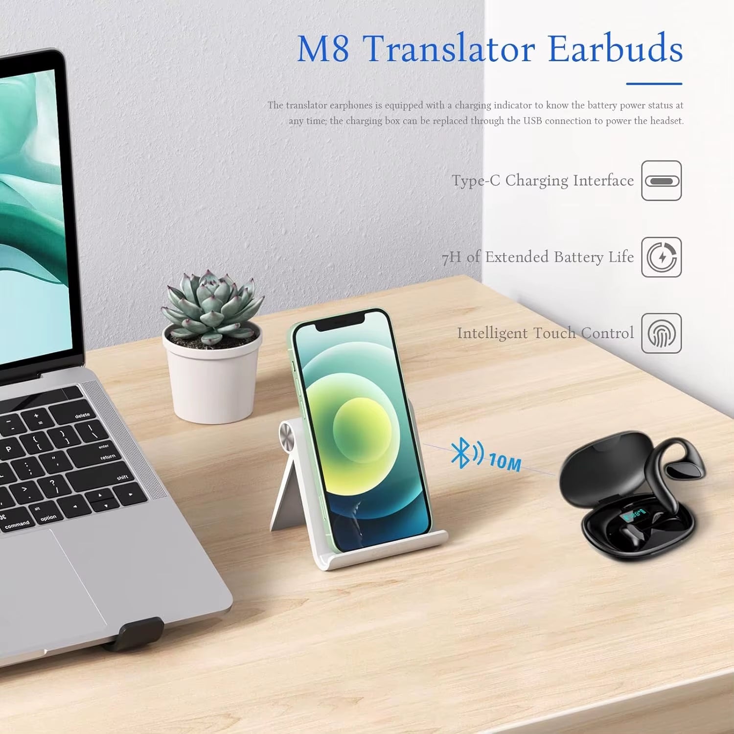 M8 Language Bluetooth Translator Earbuds - Supports Translation in 144 Languages, Online and Offline Functionality
