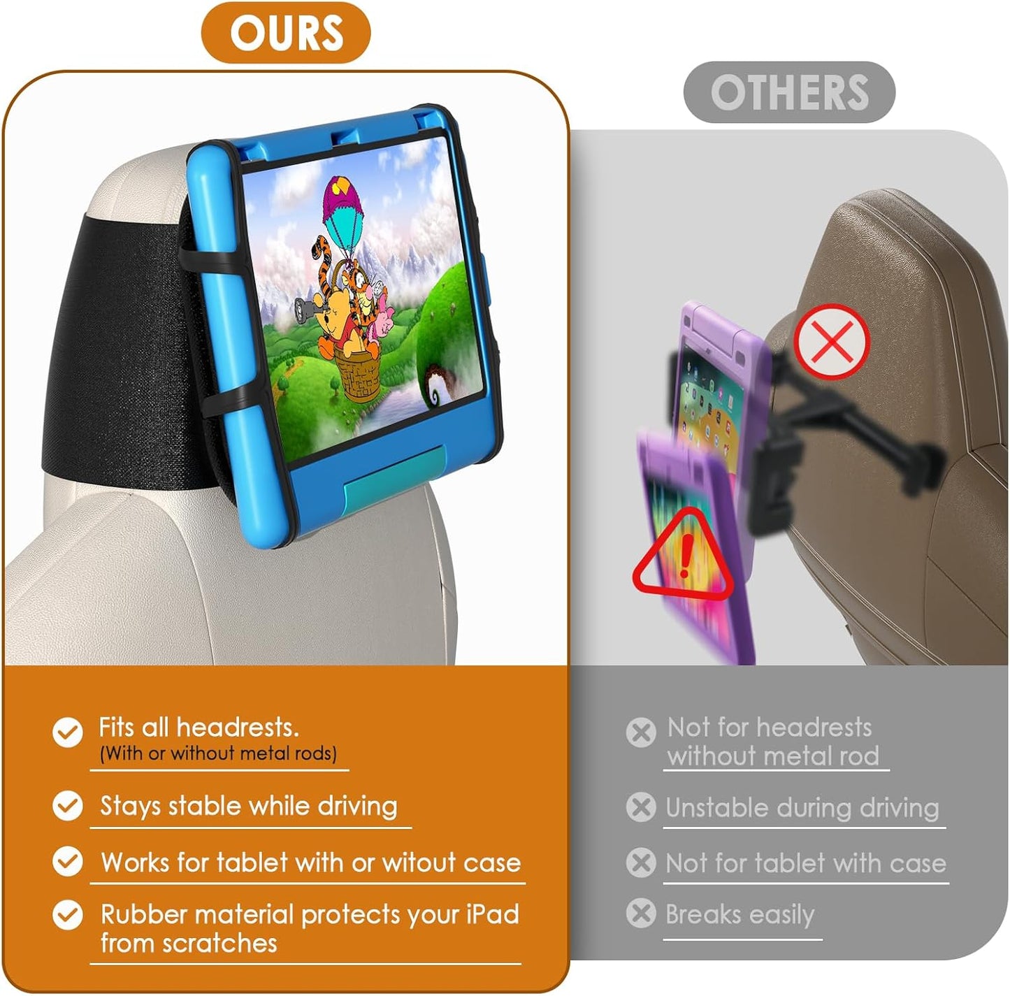 Car Headrest Mount with Adjustable Angle & Safe Silicone Holder 